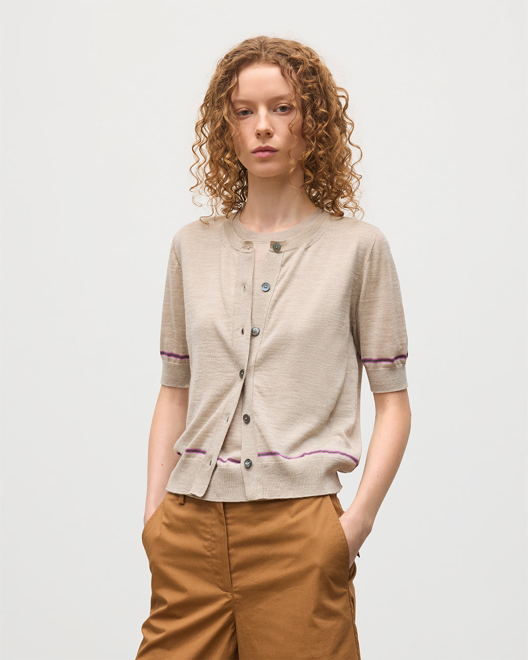 JOHNSTONS OF ELGIN WOMENS BRAE SHORT SLEEVE CREW CARDIGAN NATURAL 100% MERINO WOOL KBI01063Q25967