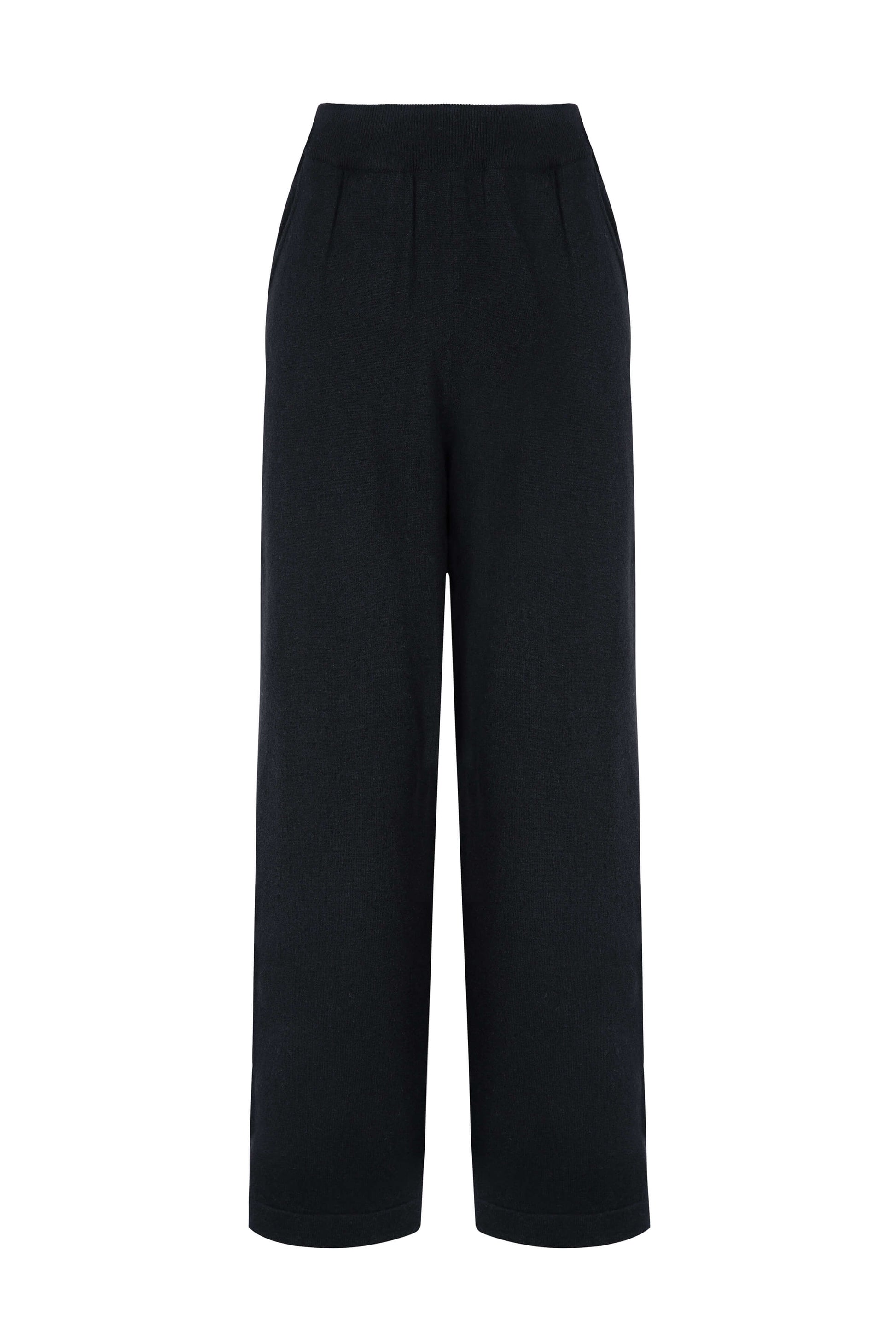 Johnstons of Elgin Knitted Cashmere Women's High Rise Wide Leg Trousers in Black on a grey background KBP00926SA7099