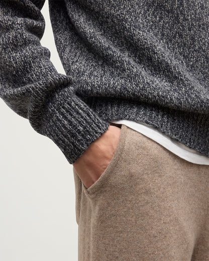 MODEL WEARS JOHNSTONS OF ELGIN MENS KIRK SWEATPANTS LIGHT BROWN 97% CASHMERE 3% POLYESTER WITH AND NAVY FYFE CASHMERE SWEATER KBP00948HB4334