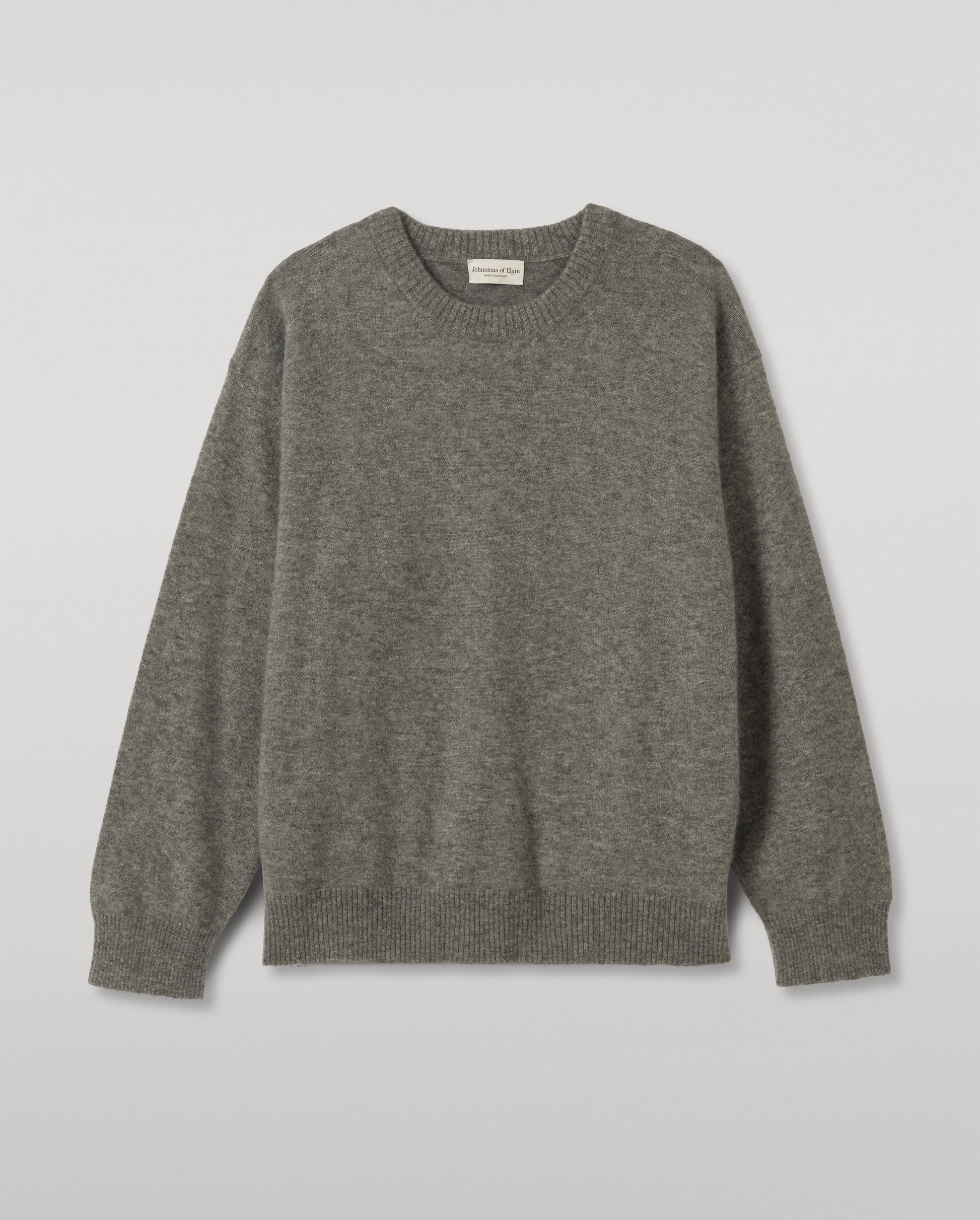 JOHNSTONS OF ELGIN PAXTON CREW SWEATER BRUSHED CASHMERE SILK CREW NECK SWEATER GREY 74% CASHMERE, 26% SILK KBP01082HA0429