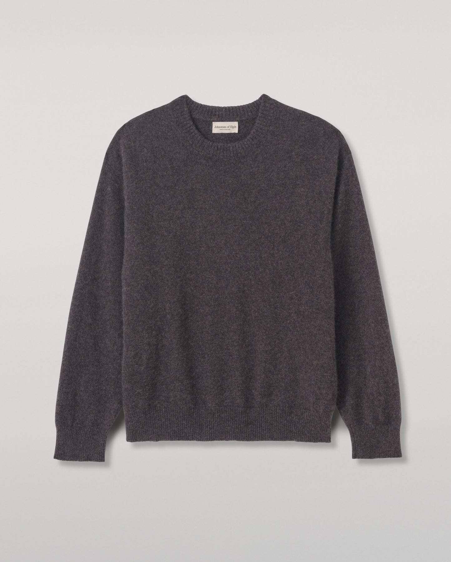 JOHNSTONS OF ELGIN PAXTON CREW SWEATER BRUSHED CASHMERE SILK CREW NECK SWEATER DARK GREY 74% CASHMERE, 26% SILK KBP01082HA7232