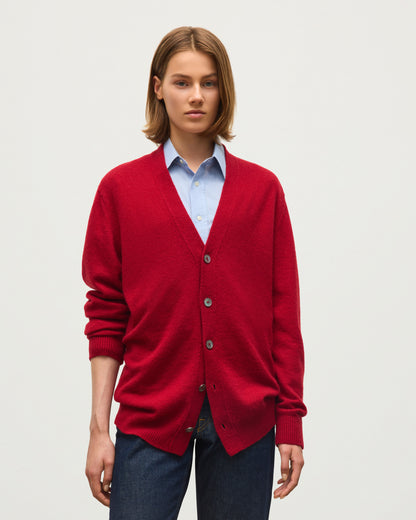 JOHNSTONS OF ELGIN BOYCE VEE CARDIGAN BRUSHED CASHMERE SILK VEE NECK CARDIGAN RED 74% CASHMERE, 26% SILK KBP01098HE4389