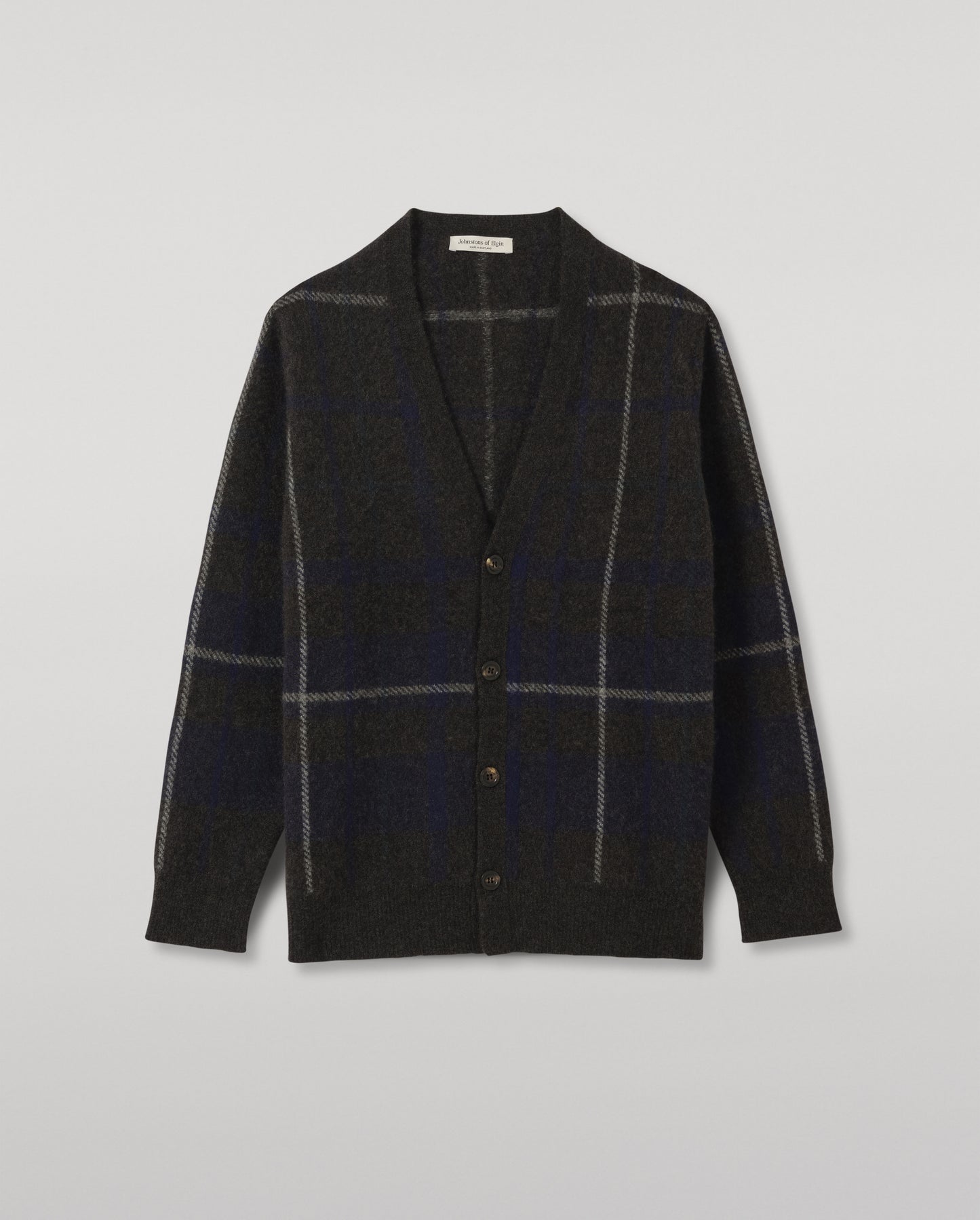 JOHNSTONS OF ELGIN MACK VEE CARDIGAN BRUSHED CASHMERE SILK INTARSIA CHECK VEE NECK CARDIGAN DARK GREY 74% CASHMERE, 26% SILK KBP01099JU1642