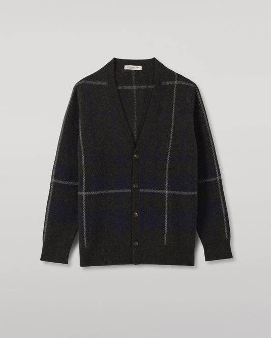 JOHNSTONS OF ELGIN MACK VEE CARDIGAN BRUSHED CASHMERE SILK INTARSIA CHECK VEE NECK CARDIGAN DARK GREY 74% CASHMERE, 26% SILK KBP01099JU1642