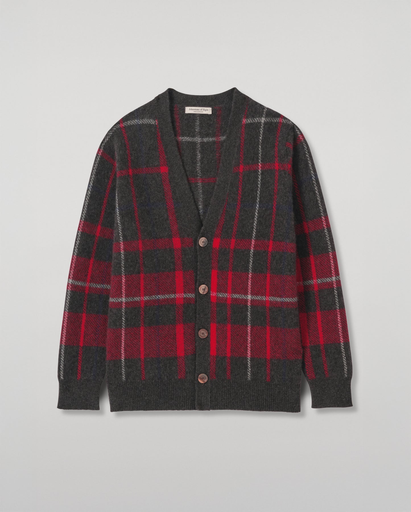 JOHNSTONS OF ELGIN MACK VEE CARDIGAN BRUSHED CASHMERE SILK INTARSIA CHECK VEE NECK CARDIGAN RED 74% CASHMERE, 26% SILK KBP01099JU1643