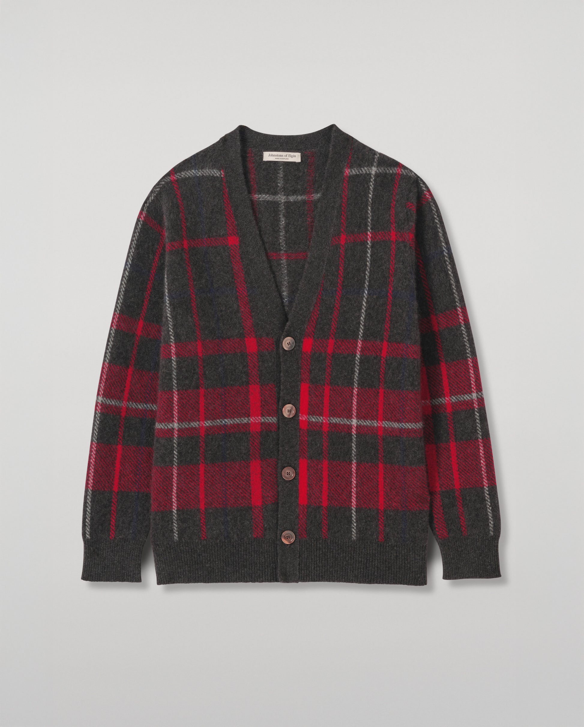 JOHNSTONS OF ELGIN MACK VEE CARDIGAN BRUSHED CASHMERE SILK INTARSIA CHECK VEE NECK CARDIGAN RED 74% CASHMERE, 26% SILK KBP01099JU1643