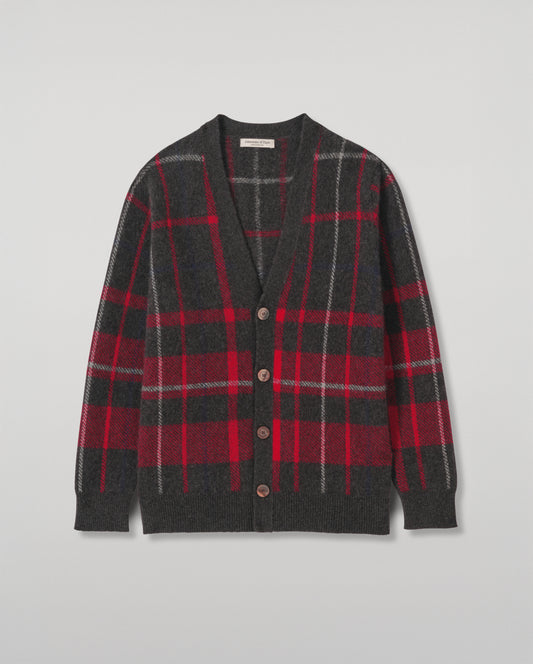 JOHNSTONS OF ELGIN MACK VEE CARDIGAN BRUSHED CASHMERE SILK INTARSIA CHECK VEE NECK CARDIGAN RED 74% CASHMERE, 26% SILK KBP01099JU1643