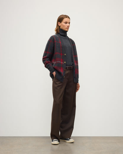 JOHNSTONS OF ELGIN MACK VEE CARDIGAN BRUSHED CASHMERE SILK INTARSIA CHECK VEE NECK CARDIGAN RED 74% CASHMERE, 26% SILK KBP01099JU1643