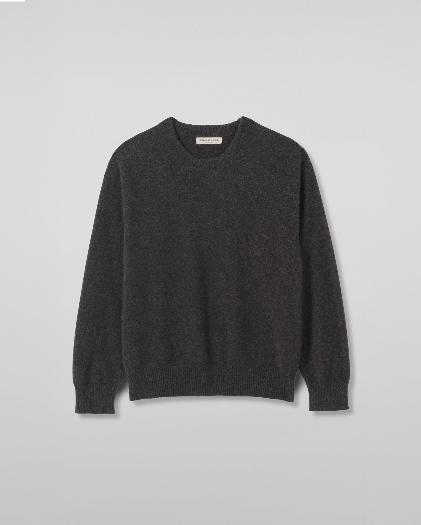 JOHNSTONS OF ELGIN BOYCE CREW SWEATER BRUSHED CASHMERE SILK ROUND NECK SWEATER DARK GREY 74% CASHMERE, 26% SILK KBP01127HA7232
