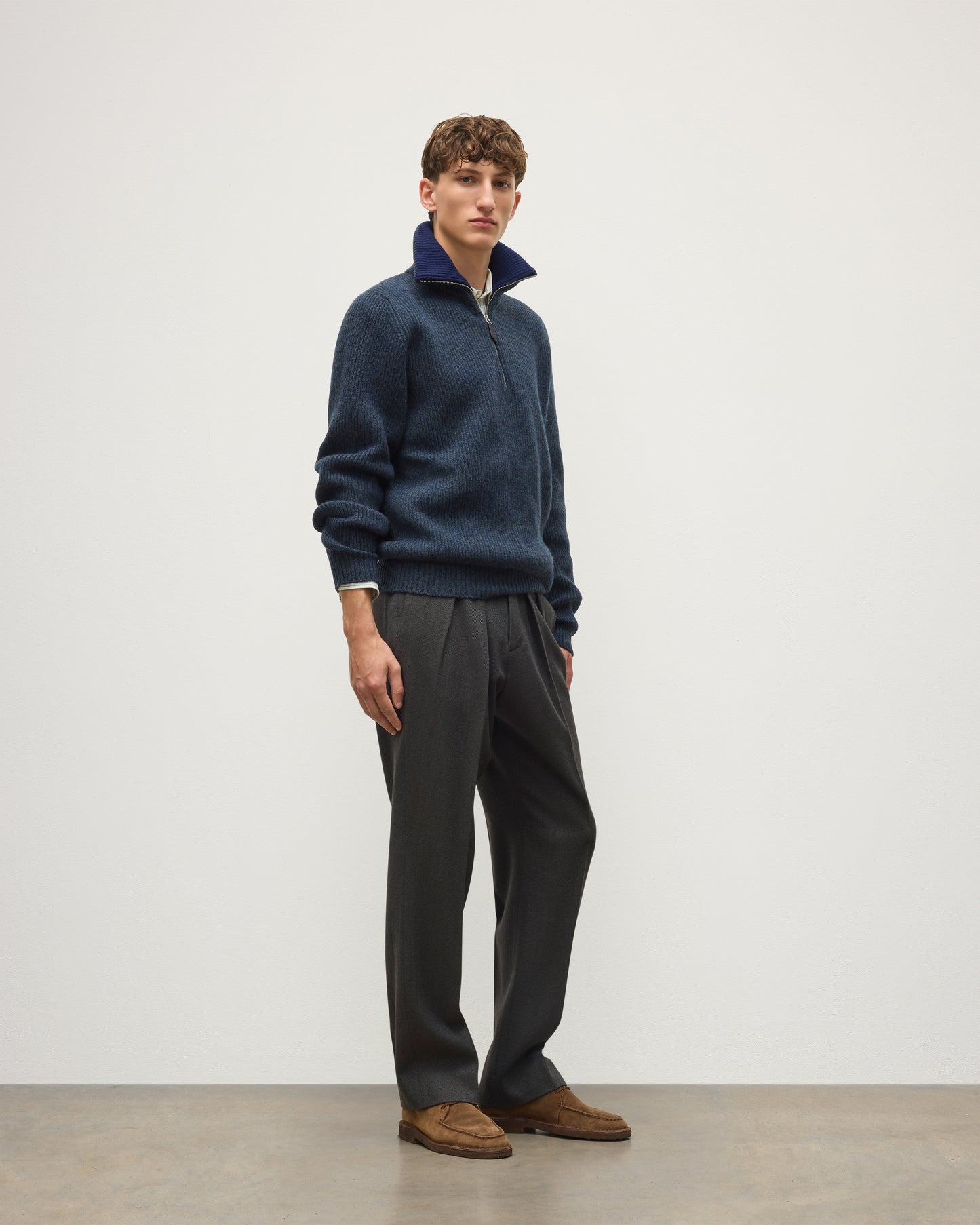 JOHNSTONS OF ELGIN CHALMERS HALF ZIP SWEATER LAMBSWOOL RIBBED HALF ZIP SWEATER BLUE 100% LAMBSWOOL KDA00819Q26329
