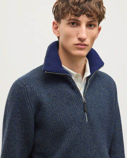 JOHNSTONS OF ELGIN CHALMERS HALF ZIP SWEATER LAMBSWOOL RIBBED HALF ZIP SWEATER BLUE 100% LAMBSWOOL KDA00819Q26329