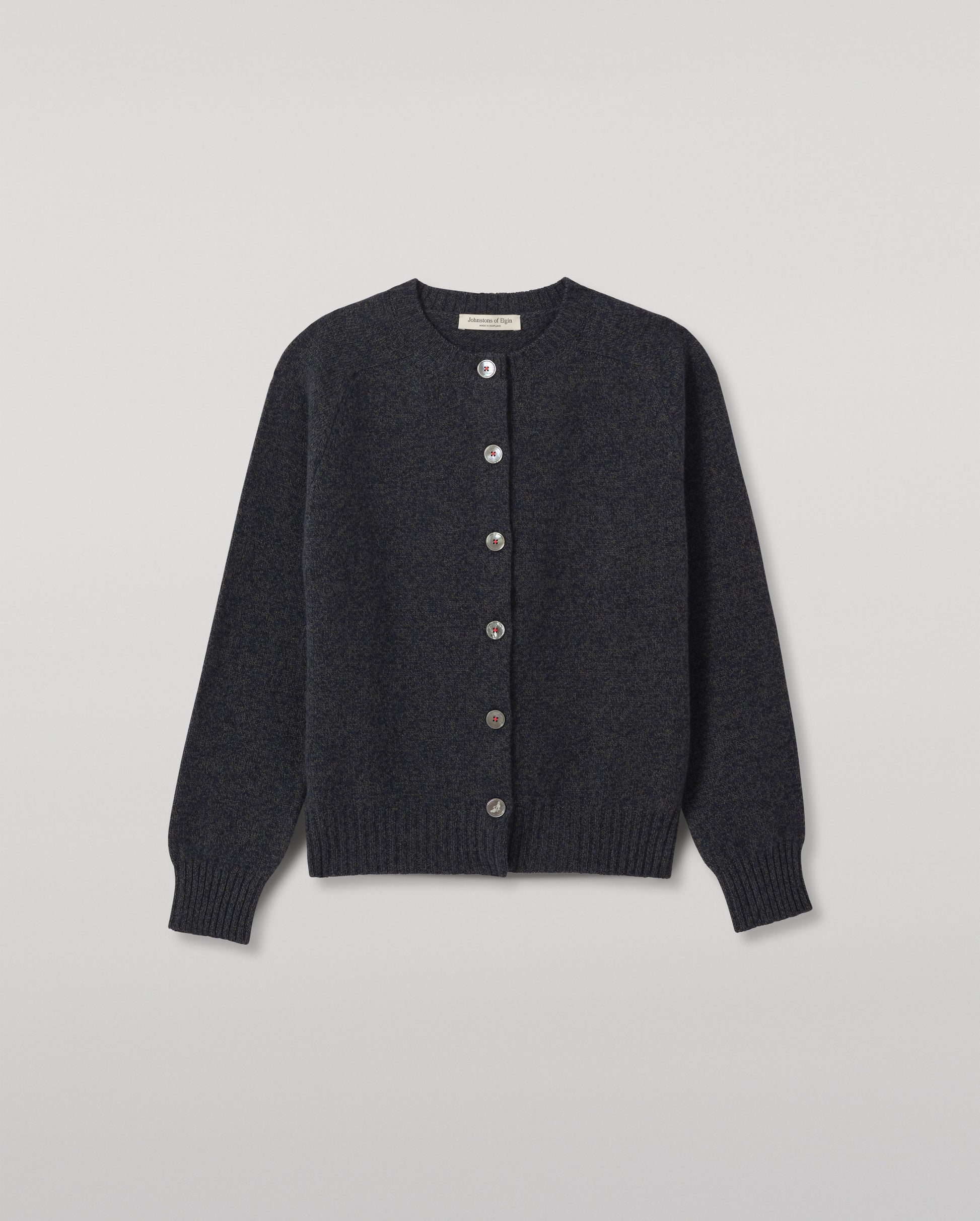 JOHNSTONS OF ELGIN BLYTH CREW CARDIGAN LAMBSWOOL ROUND NECK SADDLE SHOULDER CARDIGAN DARK GREY 100% LAMBSWOOL KDA00820HA7243