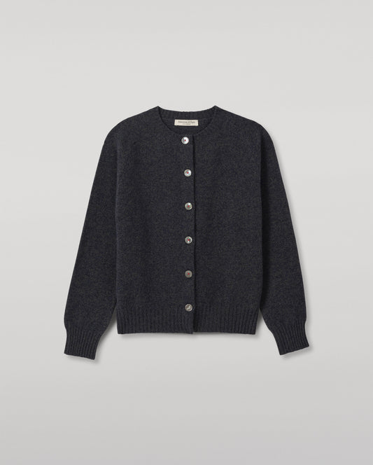 JOHNSTONS OF ELGIN BLYTH CREW CARDIGAN LAMBSWOOL ROUND NECK SADDLE SHOULDER CARDIGAN DARK GREY 100% LAMBSWOOL KDA00820HA7243
