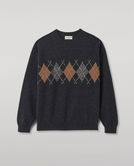 JOHNSTONS OF ELGIN RUSKY CREW SWEATER LAMBSWOOL ARGYLE CREW NECK SWEATER DARK GREY 100% LAMBSWOOL KDA00822JU1644