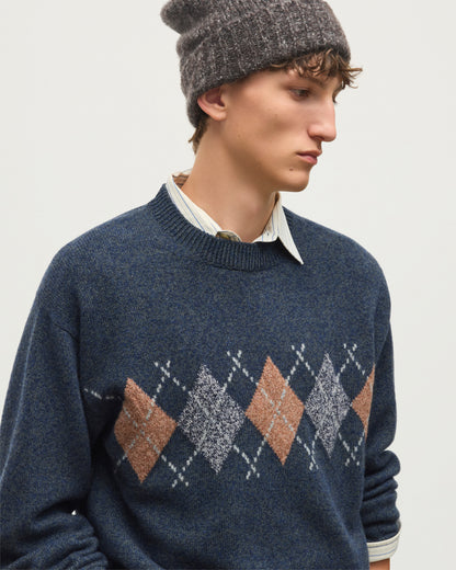 JOHNSTONS OF ELGIN RUSKY CREW SWEATER LAMBSWOOL ARGYLE CREW NECK SWEATER DARK GREY 100% LAMBSWOOL KDA00822JU1644