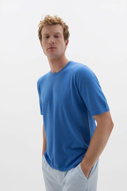 Johnstons of Elgin SS24 Men's Knitwear Orkney Blue Superfine Merino T-Shirt KDI00663SD4993