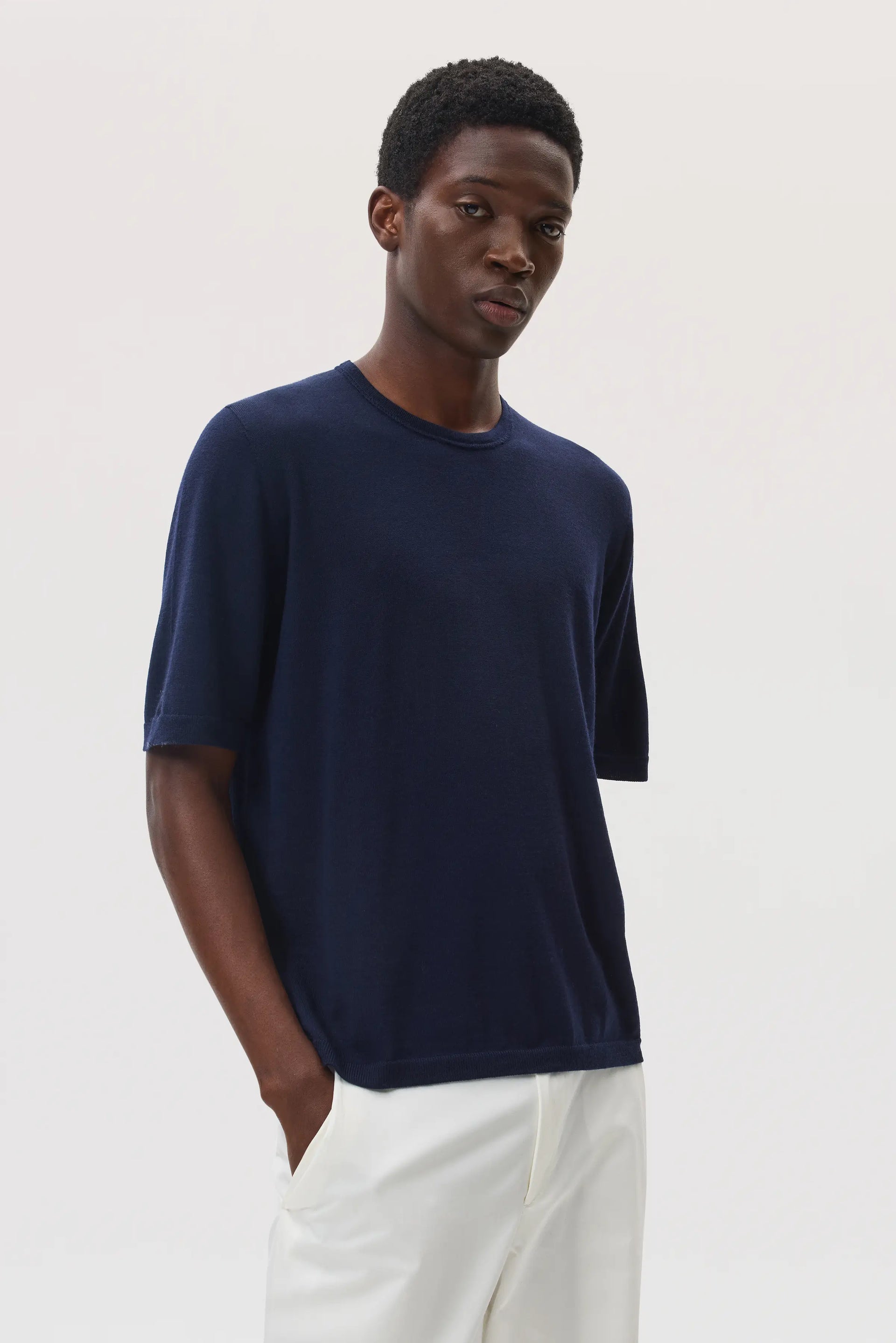 Navy Superfine Merino T-Shirt Men's Merino Johnstons of Elgin