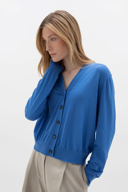 Johnstons of Elgin SS24 Women's Knitwear Orkney Blue Superfine Merino Cardigan KDI00686SD4993