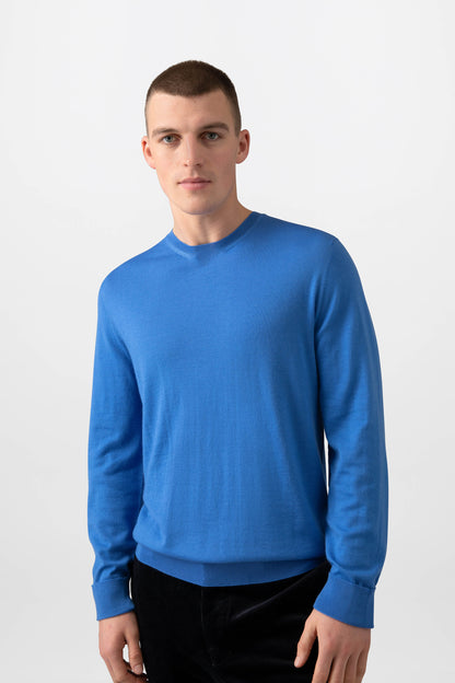 Johnstons of Elgin Men's Knitwear Orkney Blue Merino Round Neck Jumper KDI00702SD4993