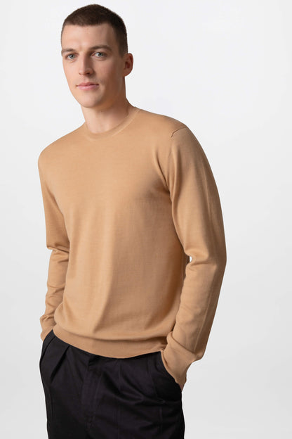 Johnstons of Elgin Men's Knitwear Camel Merino Round Neck Jumper KDI00702SB4517