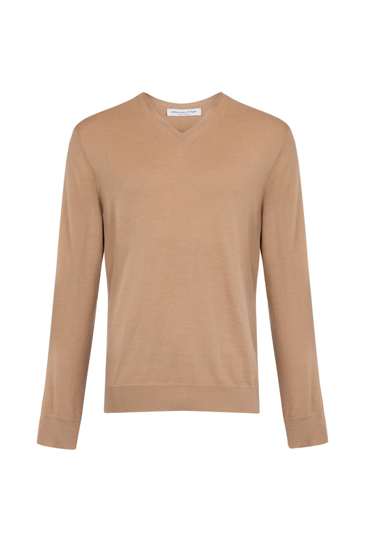 Johnstons of Elgin SS24 Men's Knitwear Camel Superfine Merino V Neck Jumper KDI00704SB4517