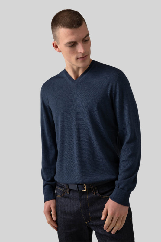 Johnstons of Elgin Men's Knitwear Mazarine Blue Merino V Neck Jumper KDI00704SD7570