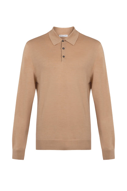 Johnstons of Elgin SS24 Men's Camel Merino Long Sleeve Poloshirt KDI00706SB4517