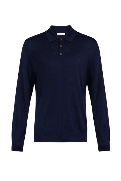 Johnstons of Elgin AW24 Men's Knitwear Dark Navy Merino Long Sleeve Poloshirt KDI00706SD7563