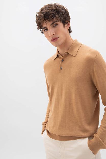 Johnstons of Elgin SS24 Men's Camel Merino Long Sleeve Poloshirt KDI00706SB4517