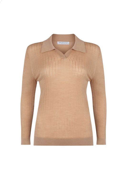 Johnstons of Elgin SS24 Women's Knitwear Camel Superfine Merino Ladder Rib Polo Shirt 