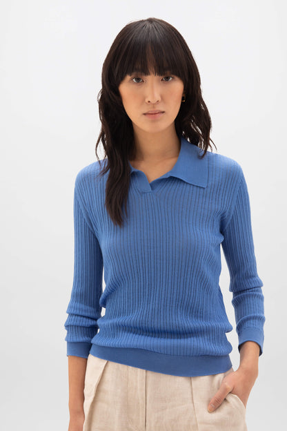 Johnstons of Elgin SS24 Women's Knitwear Orkney Blue Superfine Merino Ladder Rib Polo Shirt KDI00709SD4993