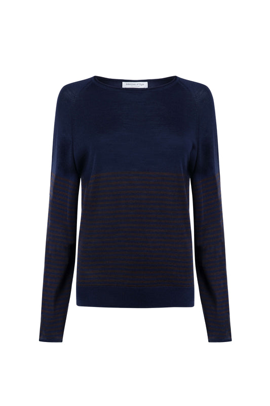 Johnstons of Elgin SS24 Women's Knitwear Dark Navy & Peat Superfine Merino Bateau Stripe Sweater KDI00710Q23958