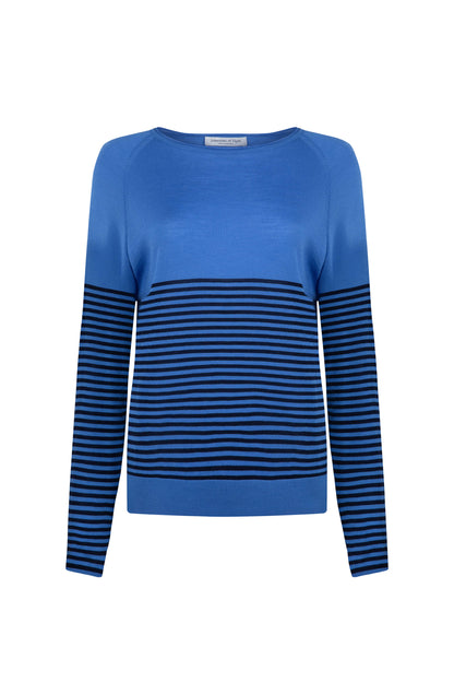 Johnstons of Elgin SS24 Women's Knitwear Orkney Blue & Dark Navy Superfine Merino Bateau Stripe Sweater KDI00710Q24267