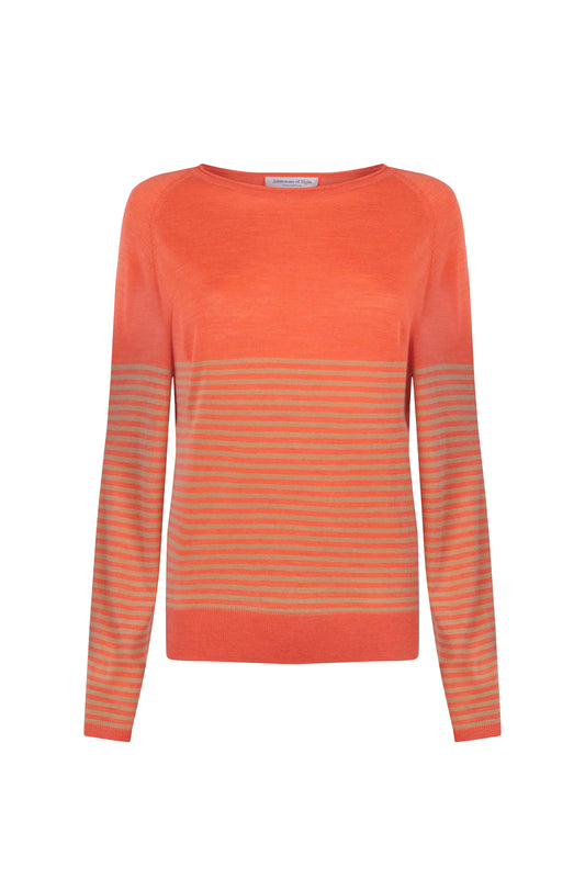 Johnstons of Elgin SS24 Women's Knitwear Coral & Camel Superfine Merino Bateau Stripe Sweater KDI00710Q24268