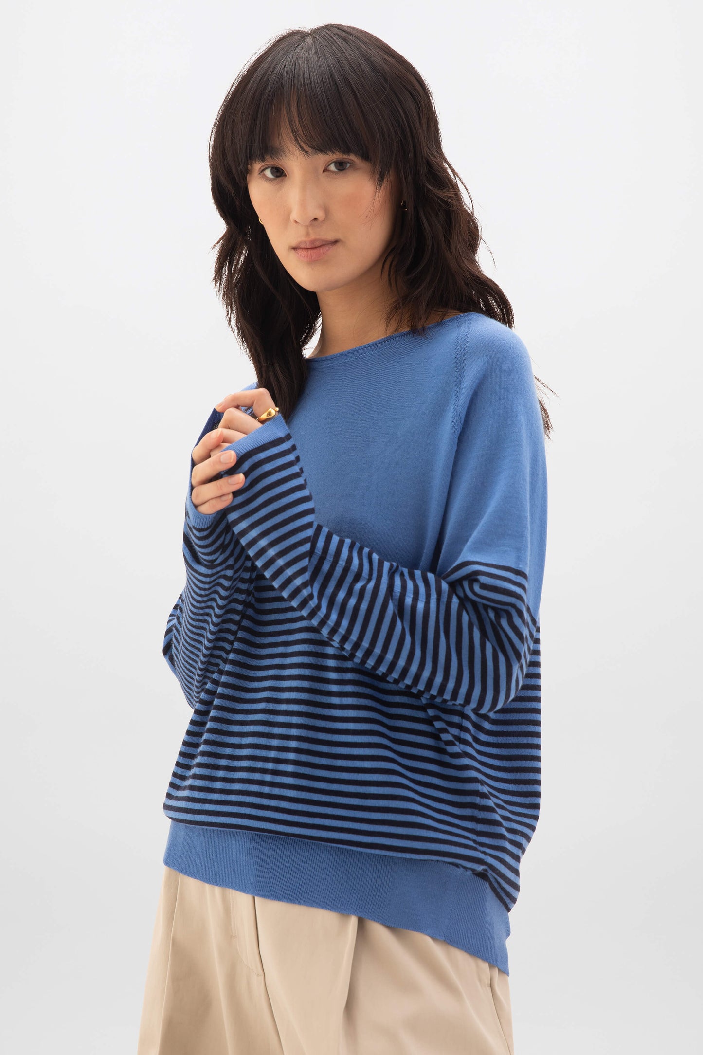 Johnstons of Elgin SS24 Women's Knitwear Orkney Blue & Dark Navy Superfine Merino Bateau Stripe Sweater KDI00710Q24267