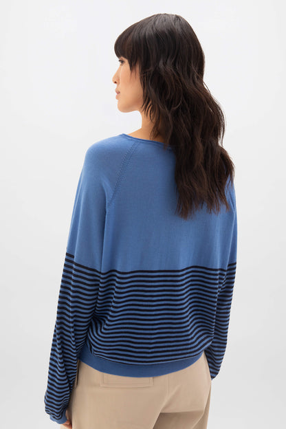 Johnstons of Elgin SS24 Women's Knitwear Orkney Blue & Dark Navy Superfine Merino Bateau Stripe Sweater KDI00710Q24267