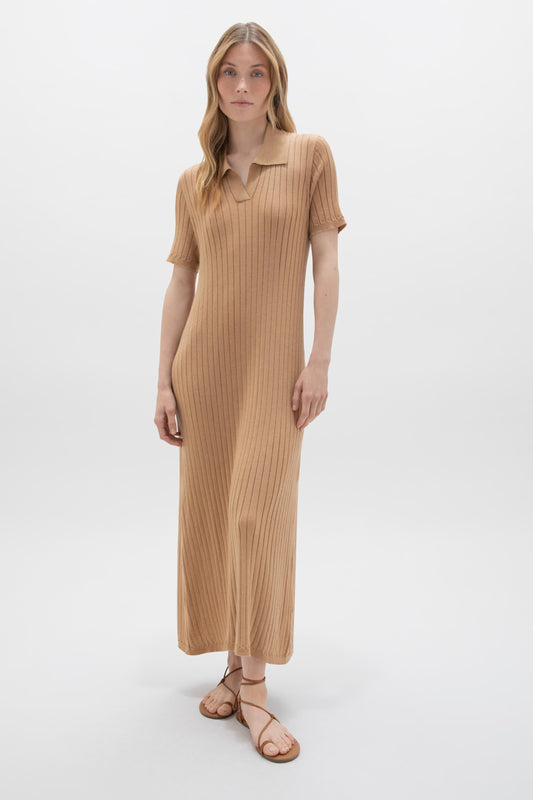 Johnstons of Elgin SS24 Women's Knitwear Camel Superfine Merino Ribbed Poloshirt Dress KDI00711SB4517