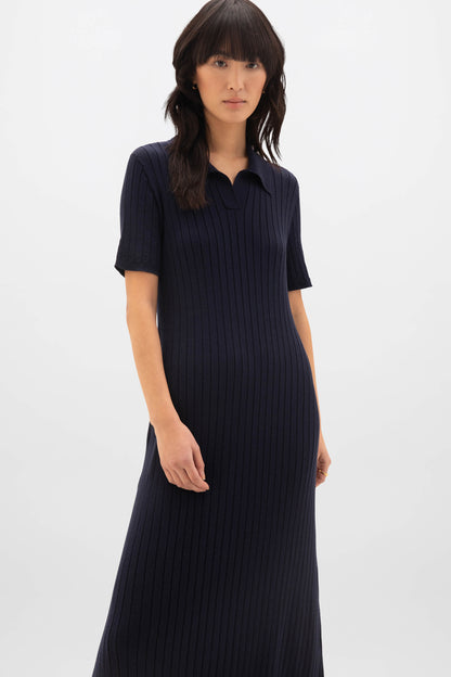 Johnstons of Elgin SS24 Women's Knitwear Dark Navy Superfine Merino Ribbed Poloshirt Dress KDI00711SD7563