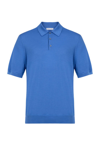 Johnstons of Elgin SS24 Men's Knitwear Orkney Blue Superfine Merino Poloshirt KDI00715SD4993