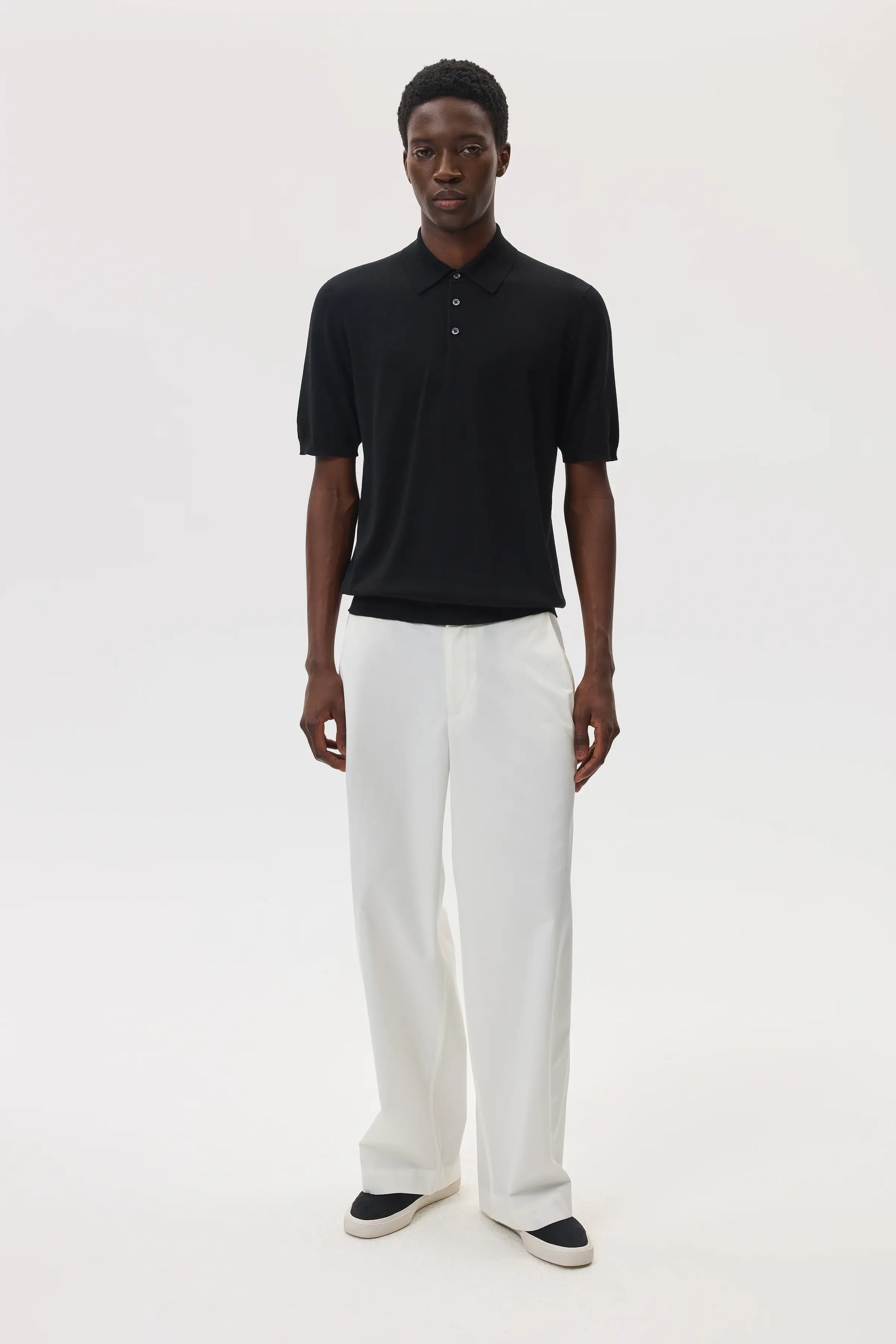 Men's Black Merino Poloshirt Merino Knitwear Johnstons of Elgin