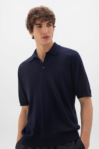 Johnstons of Elgin SS24 Men's Knitwear Dark Navy Superfine Merino Poloshirt KDI00715SD7563