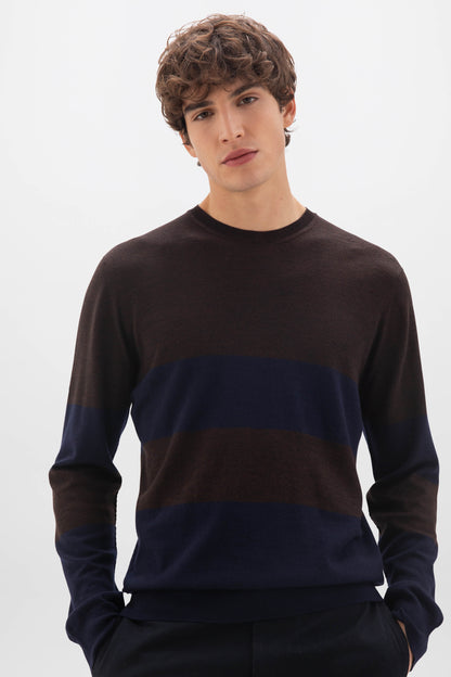 Johnstons of Elgin SS24 Men's Knitwear Dark Navy & Peat Colour Block Merino Jumper KDI00716Q24289