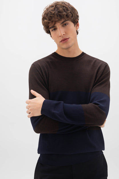 Johnstons of Elgin SS24 Men's Knitwear Dark Navy & Peat Colour Block Merino Jumper KDI00716Q24289