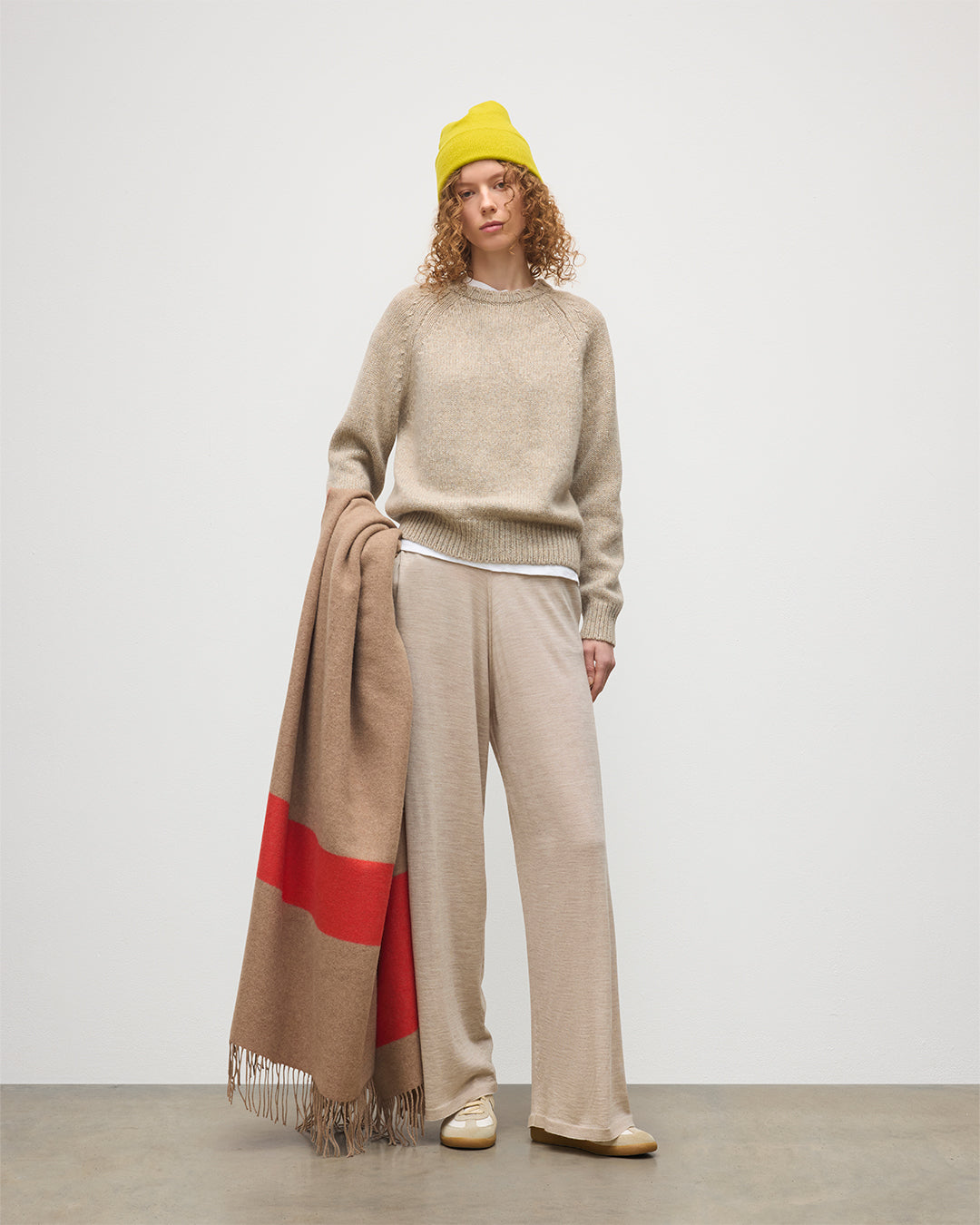 JOHNSTONS OF ELGIN WOMENS INA PANTS NATURAL 100% MERINO WOOL, SEA SHELL CASHMERE SWEATER< GORSE BRAEMAR BEANIE< AND STRIPE CASHMERE THROW IN OTTER & RED KDI00786SB0695