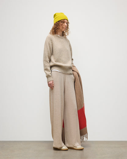 JOHNSTONS OF ELGIN WOMENS INA PANTS NATURAL 100% MERINO WOOL, SEA SHELL CASHMERE SWEATER< GORSE BRAEMAR BEANIE< AND STRIPE CASHMERE THROW IN OTTER & RED KDI00786SB0695