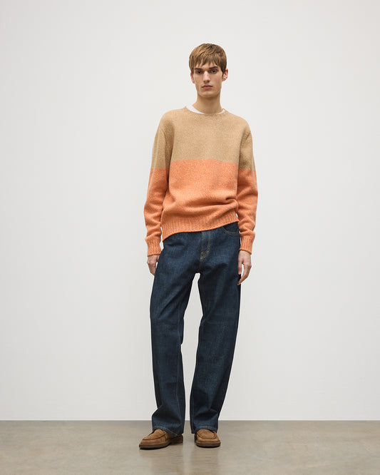 JOHNSTONS OF ELGIN OGILVIE CREW SWEATER LAMBSWOOL COLOURBLOCK CREW NECK SWEATER ORANGE & BROWN 100% LAMBSWOOL KDI00816Q26347