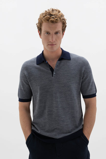 Johnstons of Elgin SS24 Men's Knitwear Dark Navy & Light Grey Merino Birdseye Poloshirt KDP00717Q24016