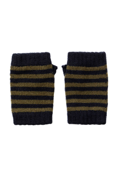 Johnstons of Elgin AW24 Children's Knitted Accessory Dark Navy & SFA Olive Stripy Children's Cashmere Wristwarmers HAY01438Q24716