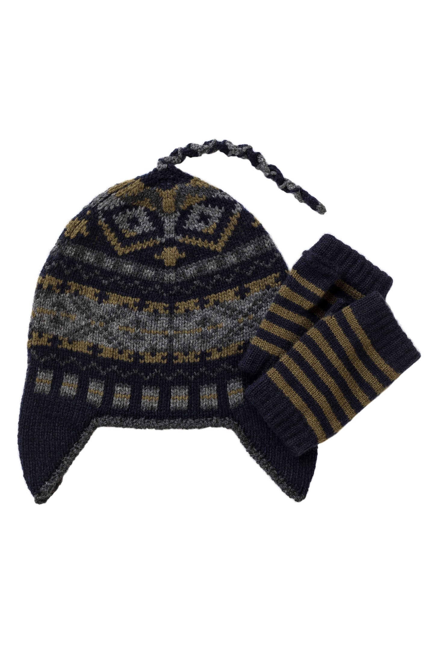 Johnstons of Elgin's Children's Fairisle Hat & Stripy Wristwarmers Gift Set in Dark Navy CHILDGIFTSET2B