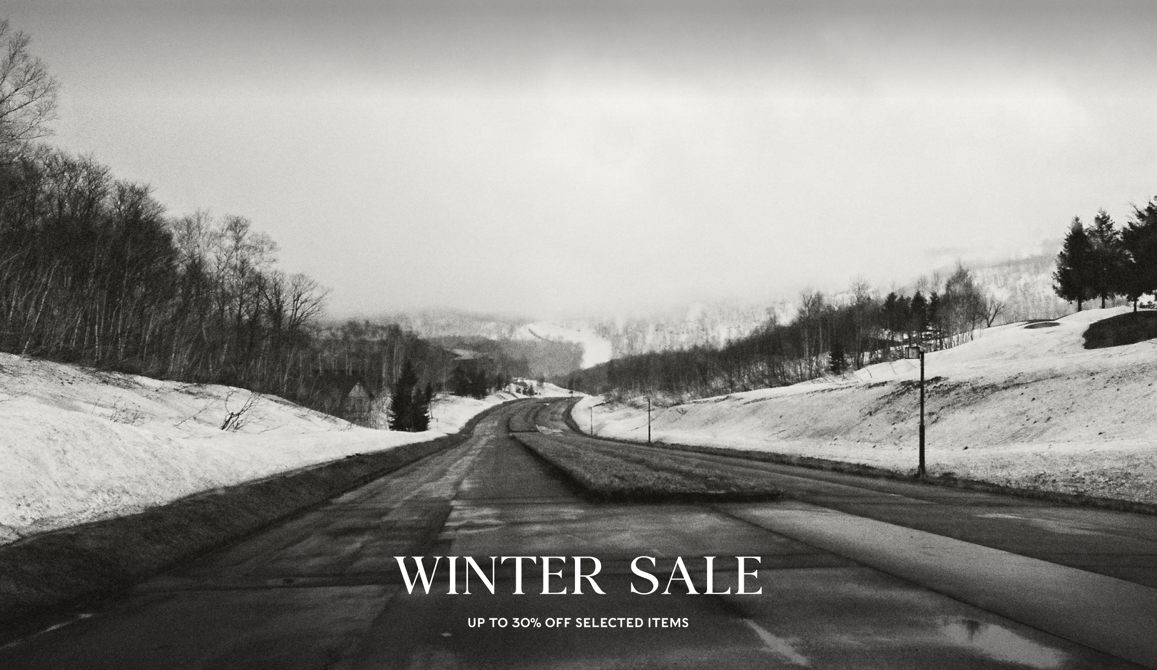Wintery scene with a road leading into the distance, featuring a winter sale advertisement.